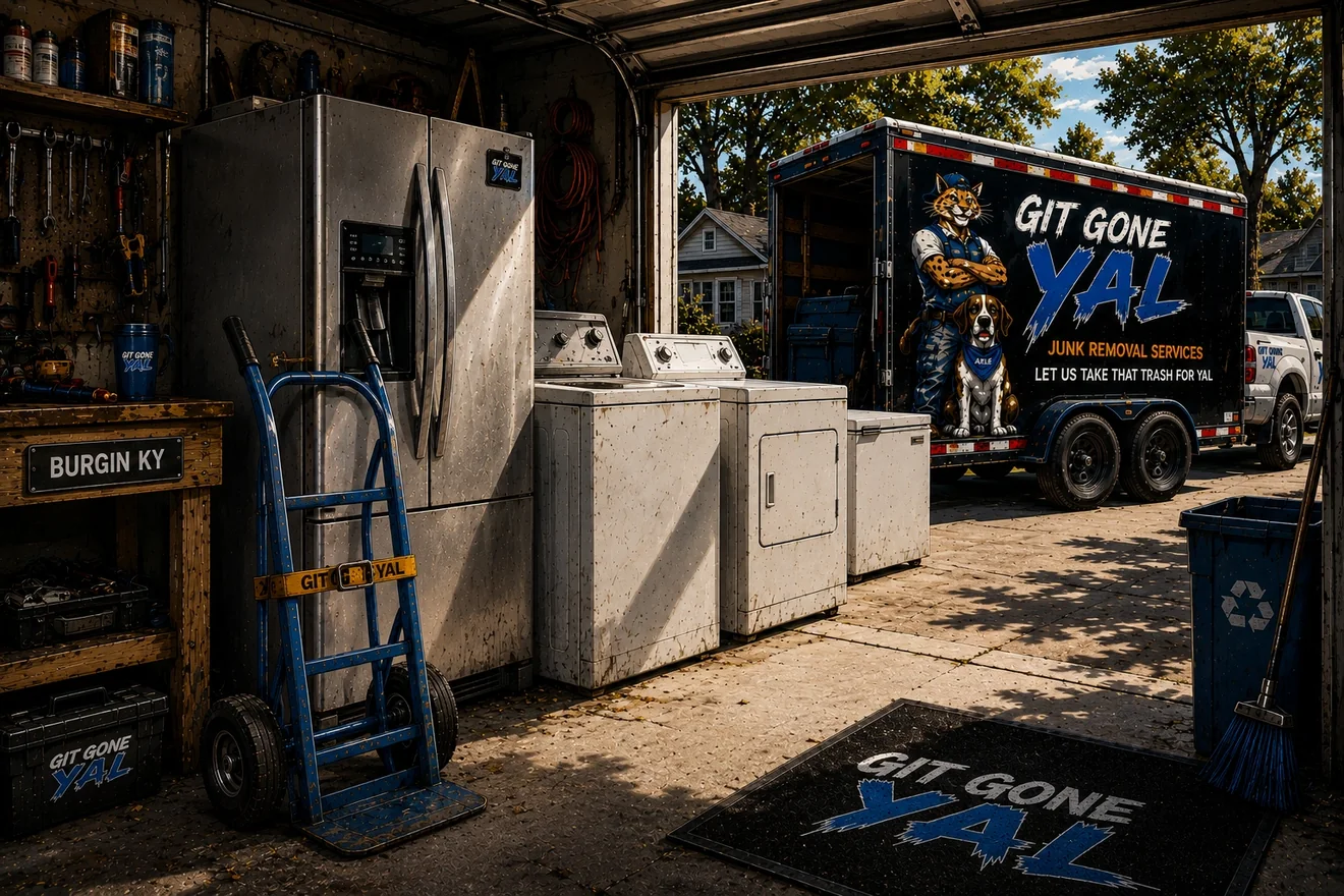 A refrigerator, washer and dryer waiting in a Burgin, Kentucky garage beside a Git Gone Yal hand dolly, with the branded trailer backed up in the driveway