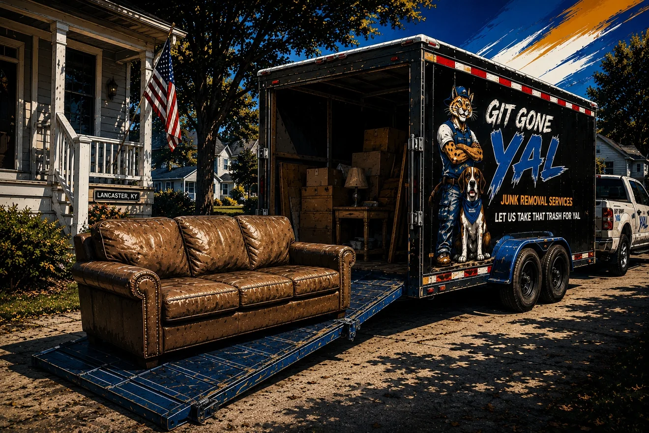 A brown leather sofa sitting on the ramp of the Git Gone Yal enclosed trailer outside a Lancaster, Kentucky home