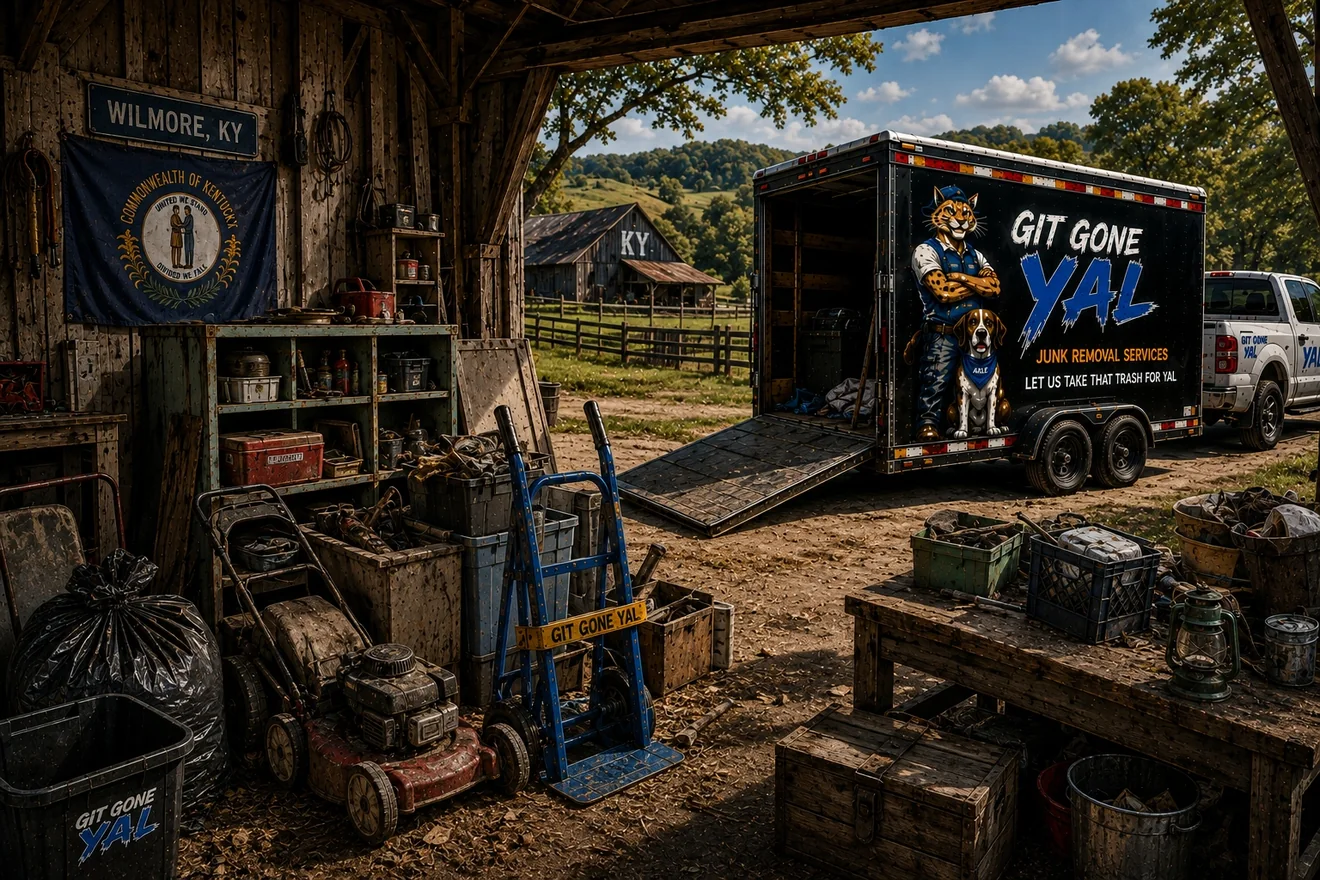 A packed Wilmore, Kentucky barn bay full of old tools, a push mower and crates, with the Git Gone Yal trailer parked outside with its ramp down
