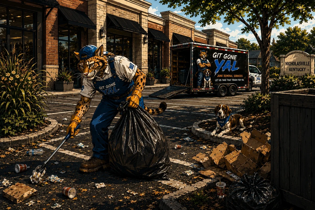 The Git Gone Yal crew picking up loose trash and broken-down cardboard in a Nicholasville, Kentucky retail center parking lot