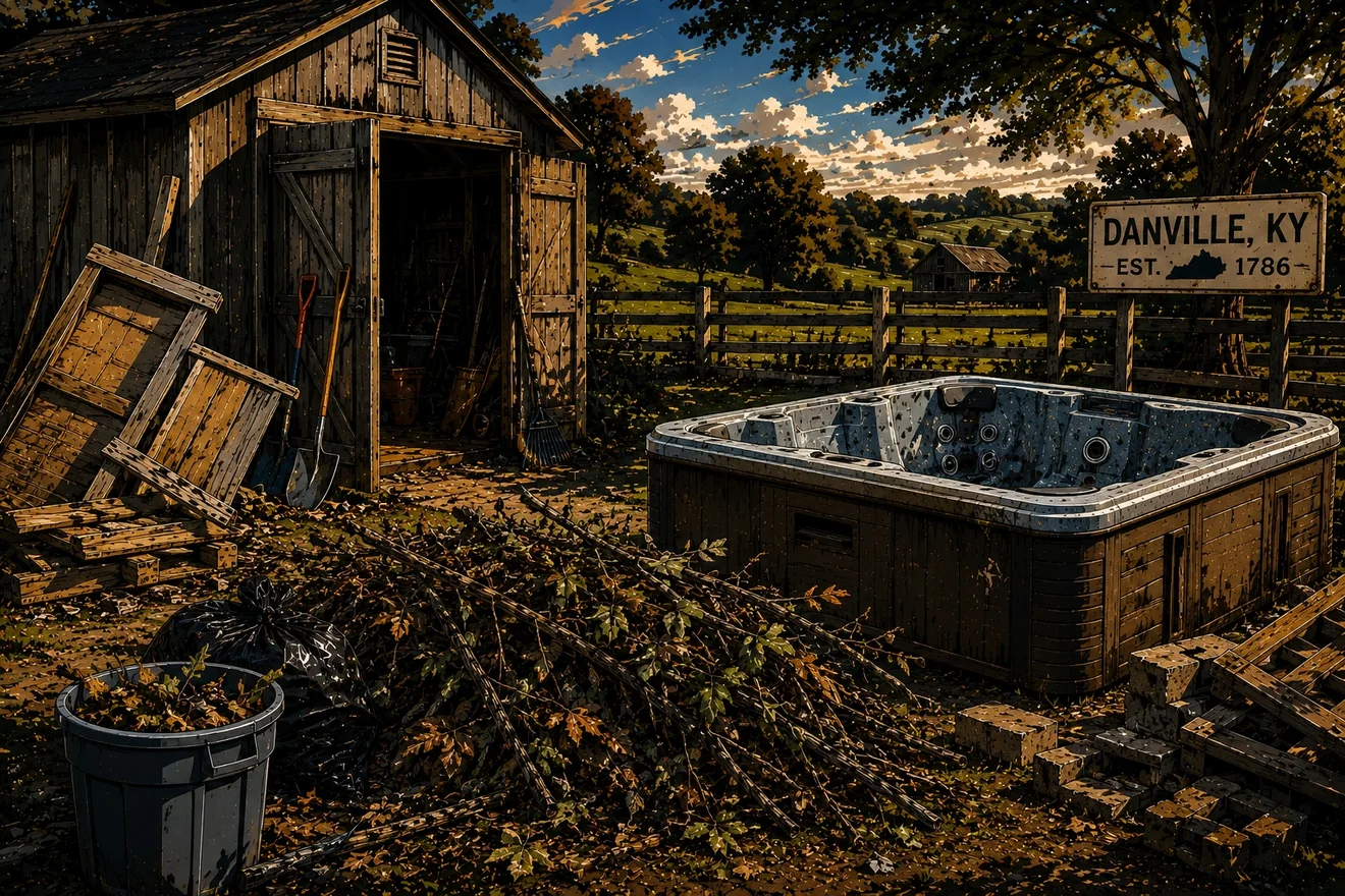 An old hot tub, stacked pallets and a brush pile beside a weathered shed on a Danville, Kentucky property